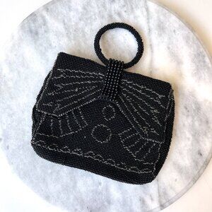 Antique Czechoslovakia Art Deco Black Beaded Petite Mini Evening Handbag Purse